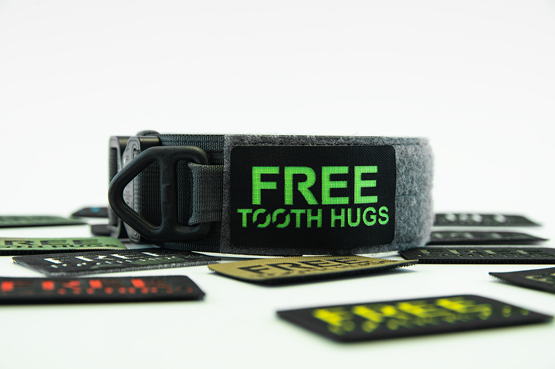 Free Tooth Hugs Patch Side View on Collar